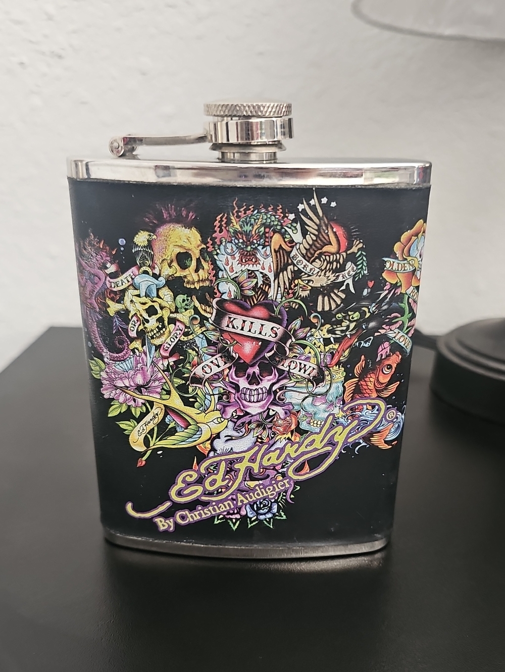 Ed Hardy Black Flask with Multicolor Tattoo Skull Artwork